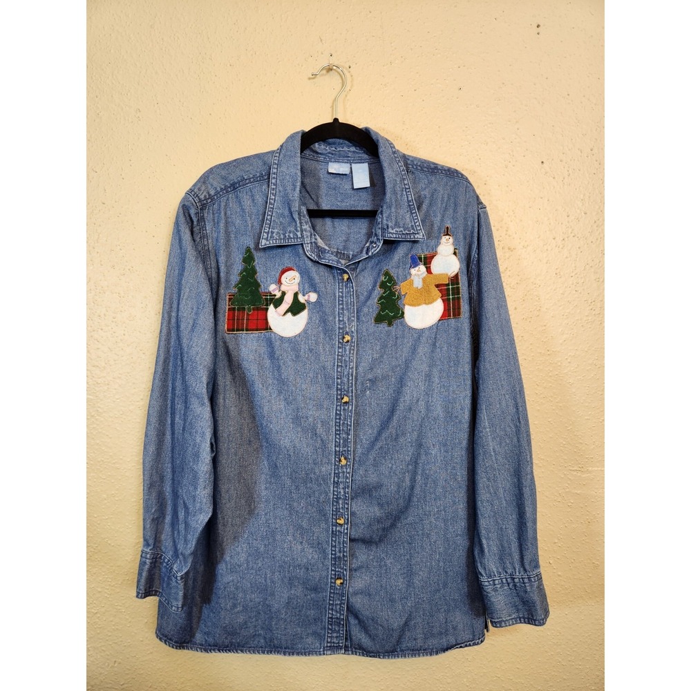 Holiday Editions Womens 2X Blue Denim Button Down Snowman Christmas Shirt